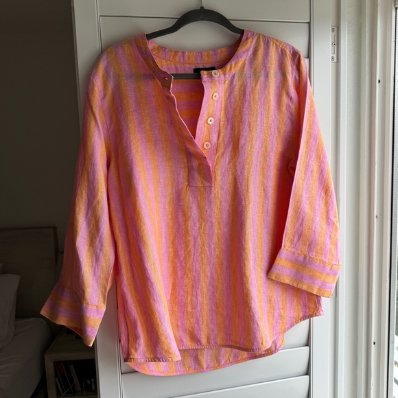 J. Crew Popover Linen Striped Top Relaxed Fit Pink Orange - Picture 10 of 10